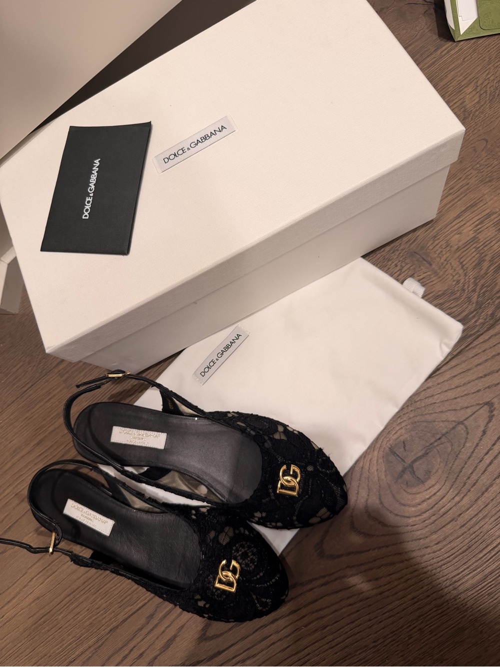 Dolce & Gabbana Black Lace Kids Slingback Shoes with Gold DG Logo